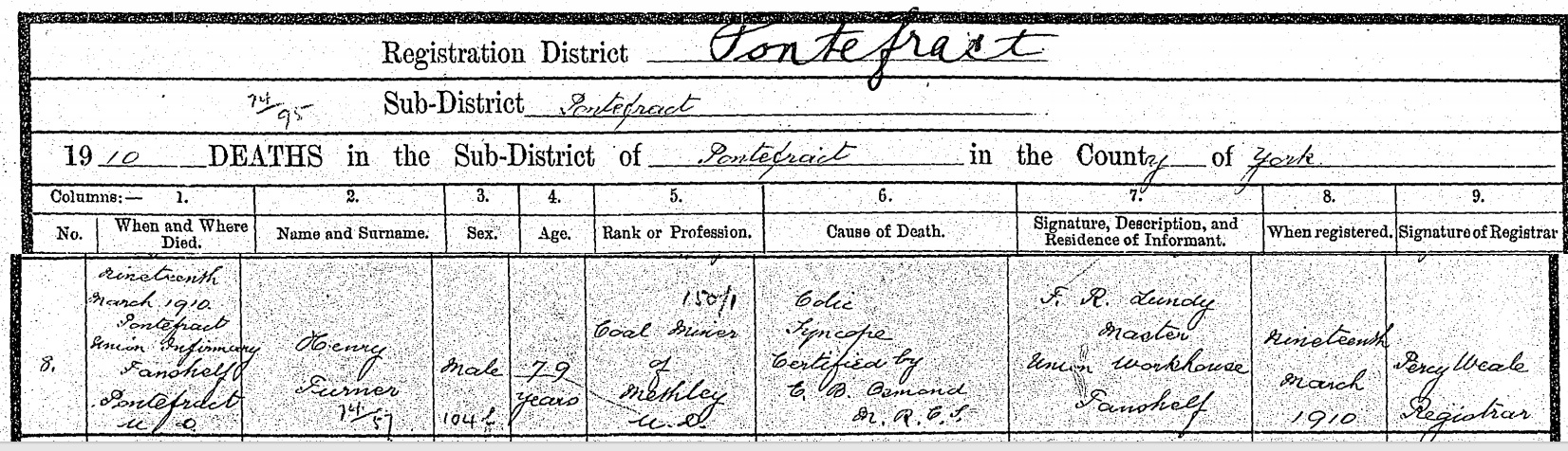Death Certificate  - Henry Turner - 1910